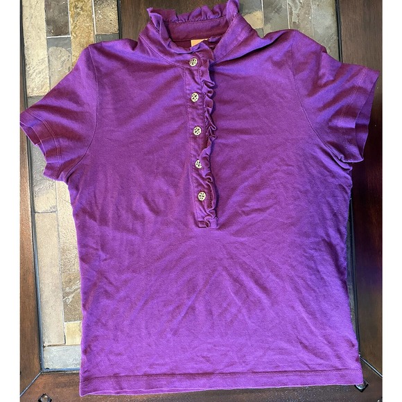 Tory Burch Lidia Polo Size M Ruffle Short Sleeve Purple 1/4 Button Collar Shirt - Picture 3 of 6